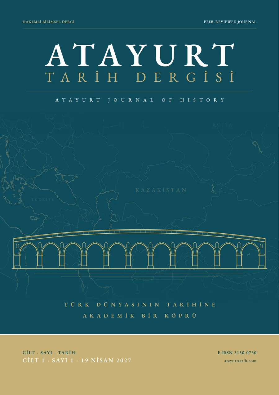 Atayurt Tarih Dergisi Cilt 1 · Sayı 1 kapağı: lacivert zeminde soluk harita ve on bir kemerli altın köprü